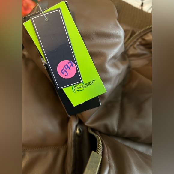 FRENCH CONNECTION Faux Leather Brown Puffer Jacket NWT Side Pockets Size XS - Picture 8 of 8